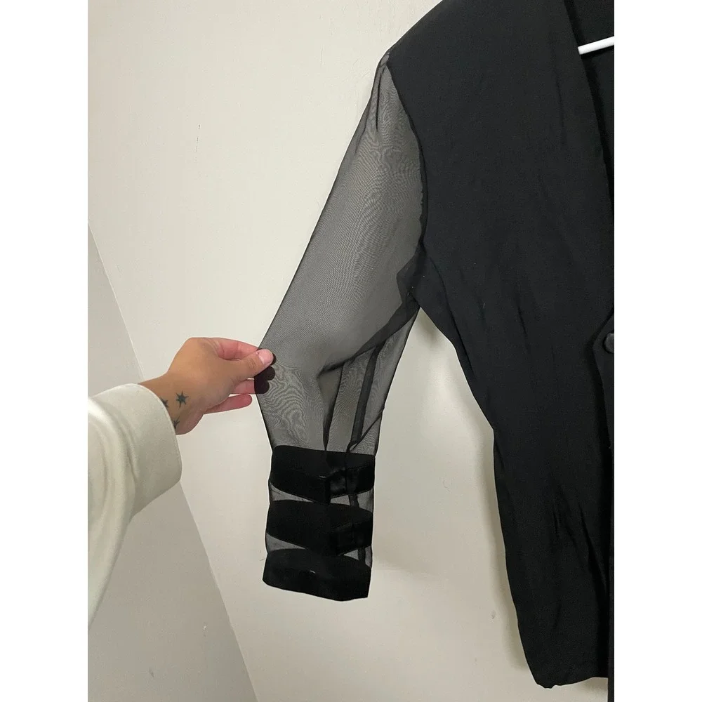 Vintage 90s Joseph Ribkoff Black Double Breasted Mesh Sleeve Blazer